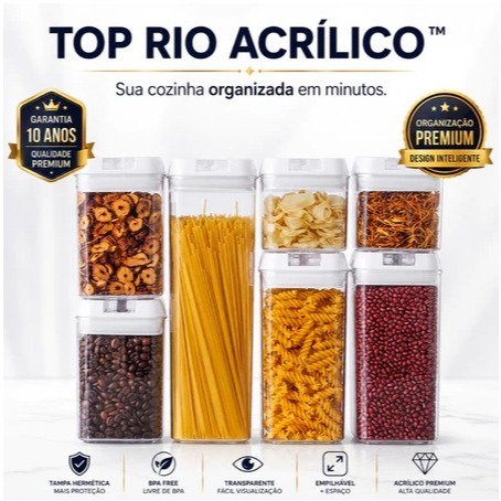 Kit 7 Potes Herméticos Acrílico Transparente Organizador de Cozinha Mantimentos com Tampa Vedação