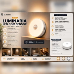 Luminária LED Sensor Movimento Recarregável USB-C 3 Cores Luz Armário Corredor