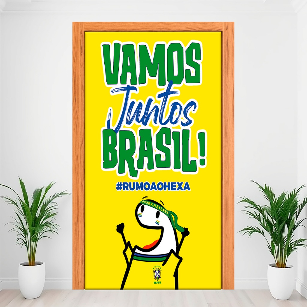 Capa Decorativa De Porta Decoração Com Elástico 2,15m x 0,80Cm Veste Fácil Tema Brasil Copa do Mundo 2026