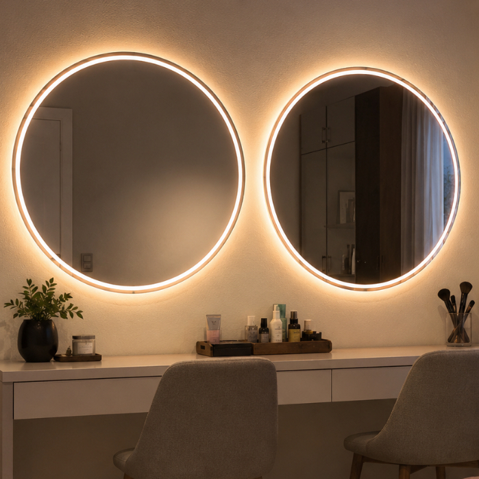 Kit com 2 Espelhos com Led de 3 Cores Redondo Jateado 50x50cm Botão Touch Decora