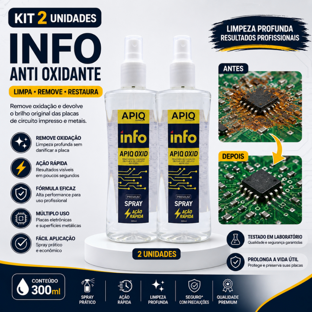 Kit 2x Info Anti Oxidante 300ml Apiq Química | Remove Oxidação de Placas Eletrônicas | Total 600ml