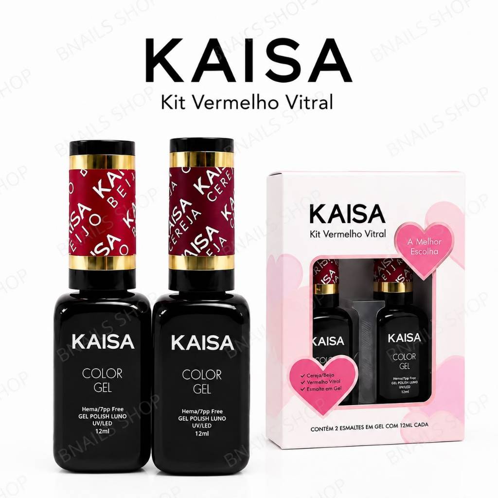 Kit com dois frascos de esmalte em gel Kaisa nas cores Cereja e Beijo, acompanhados de sua embalagem cartonada com design rosa e informações sobre o efeito vitral.