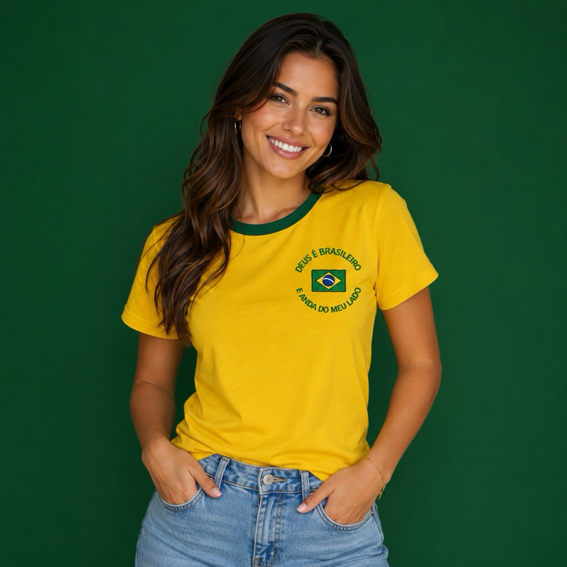 Camisa Brasil Copa Do Mundo Deus É Brasileiro E Anda Do Meu Lado De Algodão Evangélica