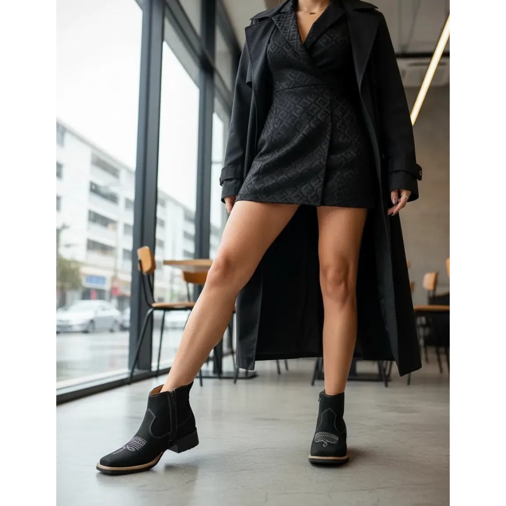 Botina Bico Quadrado Feminina Zebu Nobuck Preto 71030 Country Couro Legítimo Bota Premium