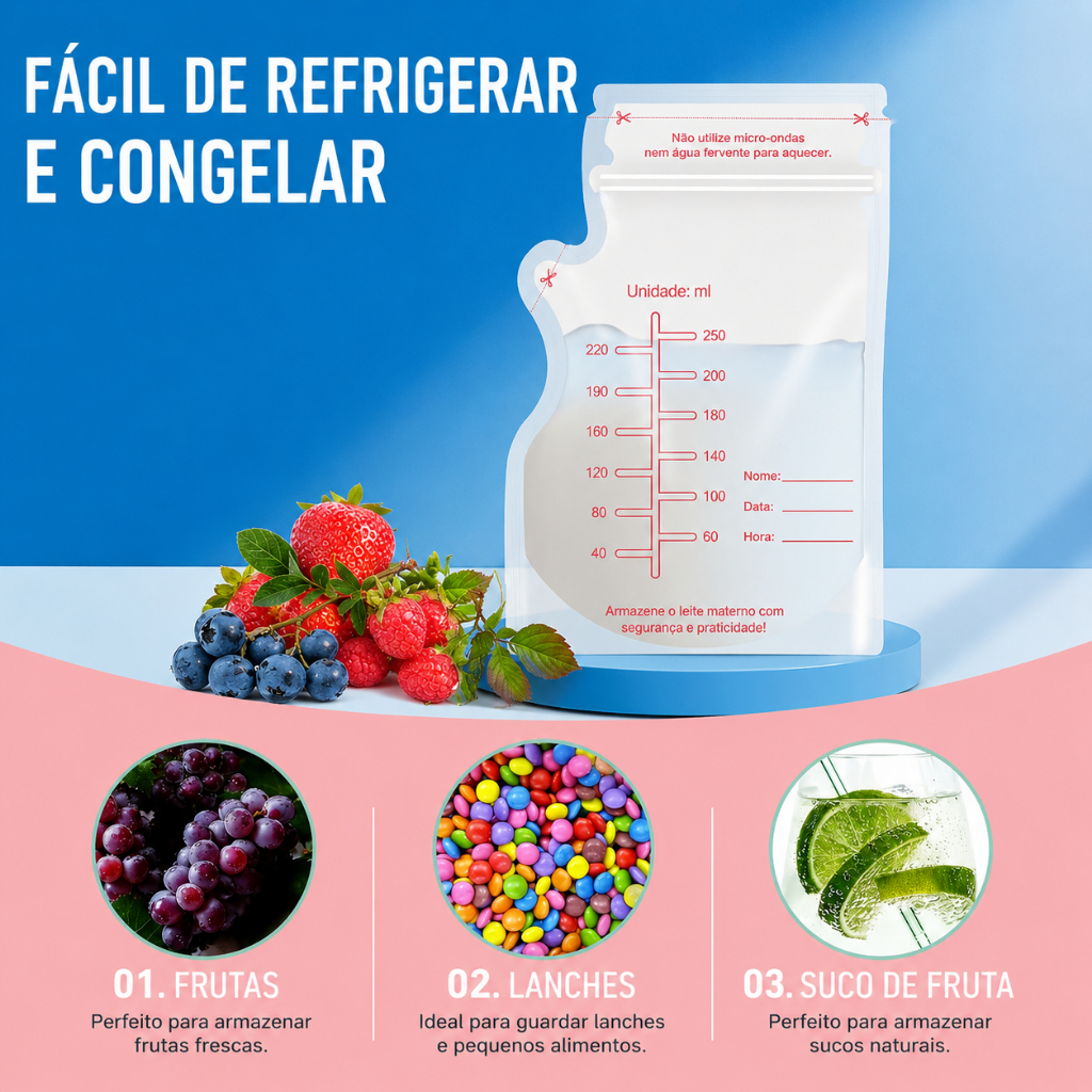 Kit com 30 Sacos para Armazenamento de Leite Materno/Sucos/Frutas Zip Lock Seguro e Multifuncional