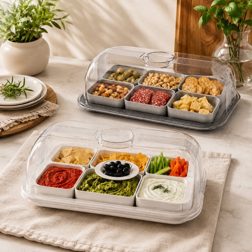 Bandeja Para Aperitivos Gourmet Petisqueira C/ Tampa 6 Peças Plastico Acrilico Petisqueira Servir Petiscos