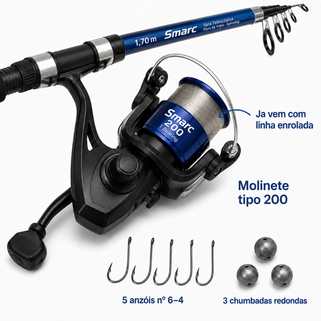 Kit Pesca Completo: Vara Telescópica 1.70m + Molinete 200 + Acessórios - iniciante e experiente