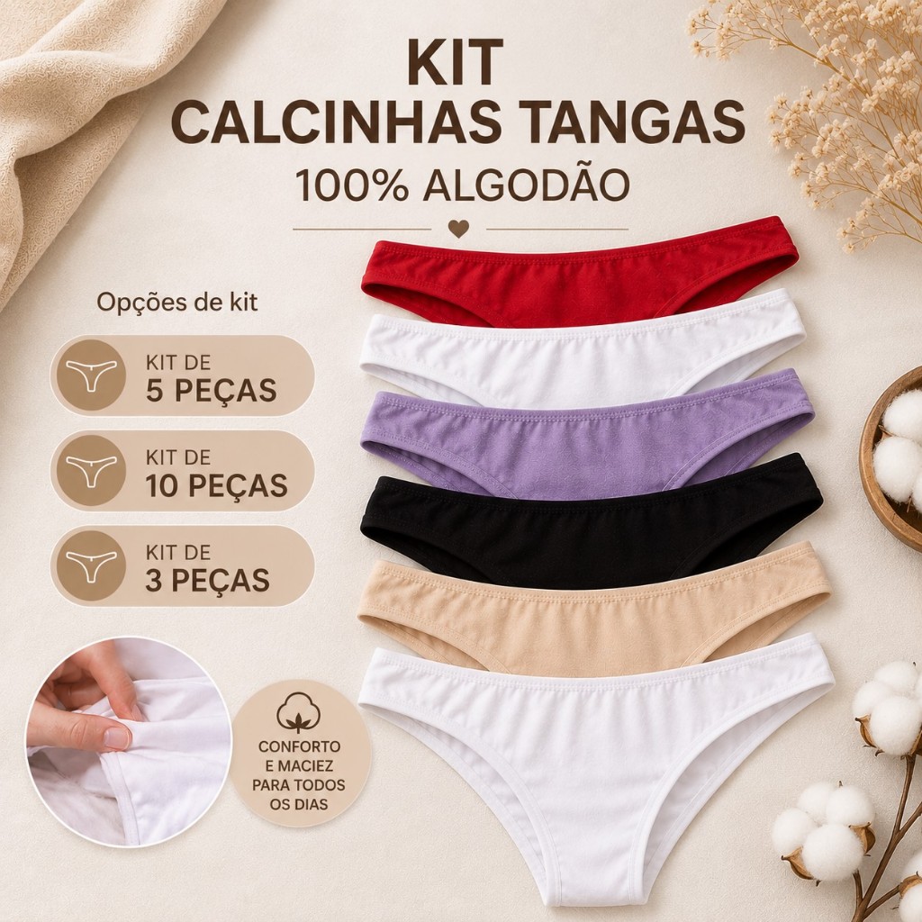 Kit Calcinha Tanga de Algodão Lisa Conforto e Suavidade Linha Premium