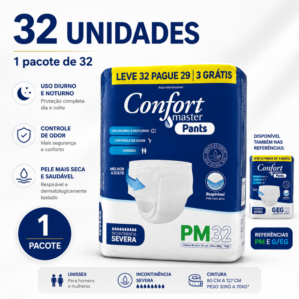 Fraldas Geriátricas 32 Unidades Unissex P/M G/EG ConfortMaster Pants Calcinha Cueca Incontinência