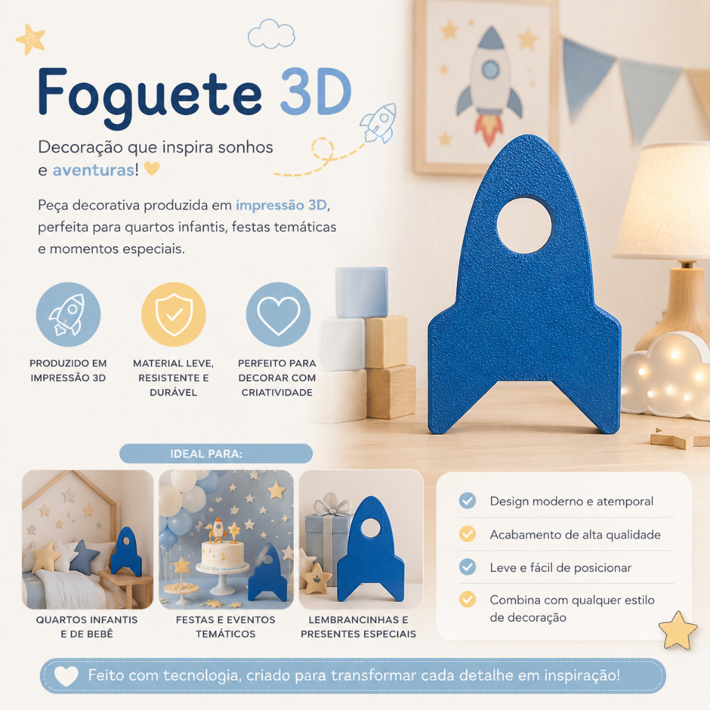 Foguete decorativo para quarto infantil e bebê - Enfeite para cômoda e para colar na parede.