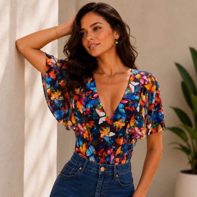 Body Feminino com Manga Flare Decote V Body Estampado Moda Feminina Verão Elegante