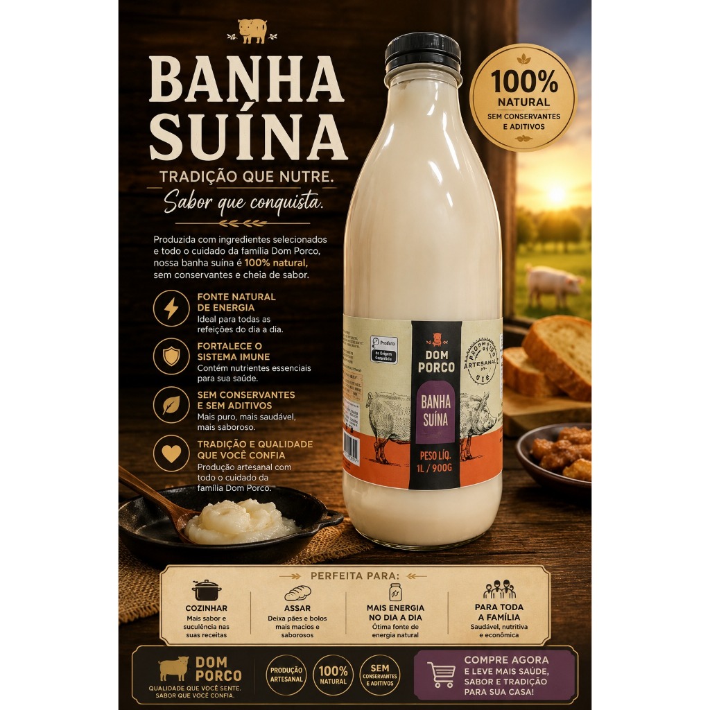 KIT 2 Gordura Suína 1L Banha de Porco Minas Produto 100% Natural Envio Imediato