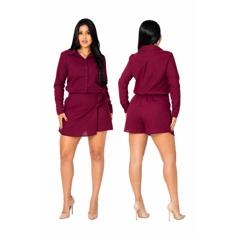 🌟 Conjunto Feminino Linho Premium Camisa Social Manga Longa + Short Saia Envelope 🌟