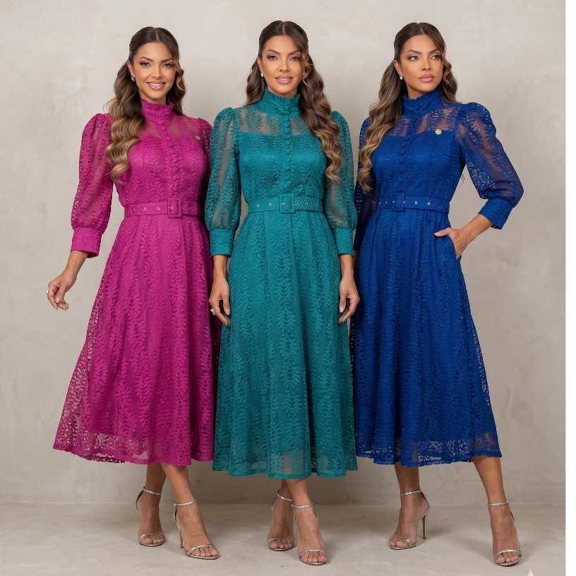 Vestido Midi Lorena Renda Guipir Manga Longa Babados Gola Alta e Botões Madrinha Festa Casamento CN