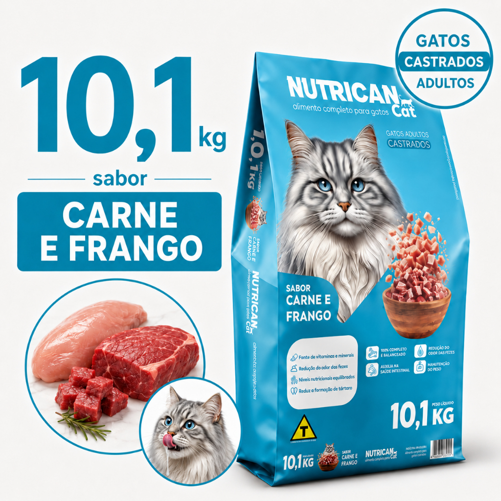 Ração Para Gato Castrado Adulto e Filhote 10,1kg Sabor Carne Frango 28g Proteína Sem Corante