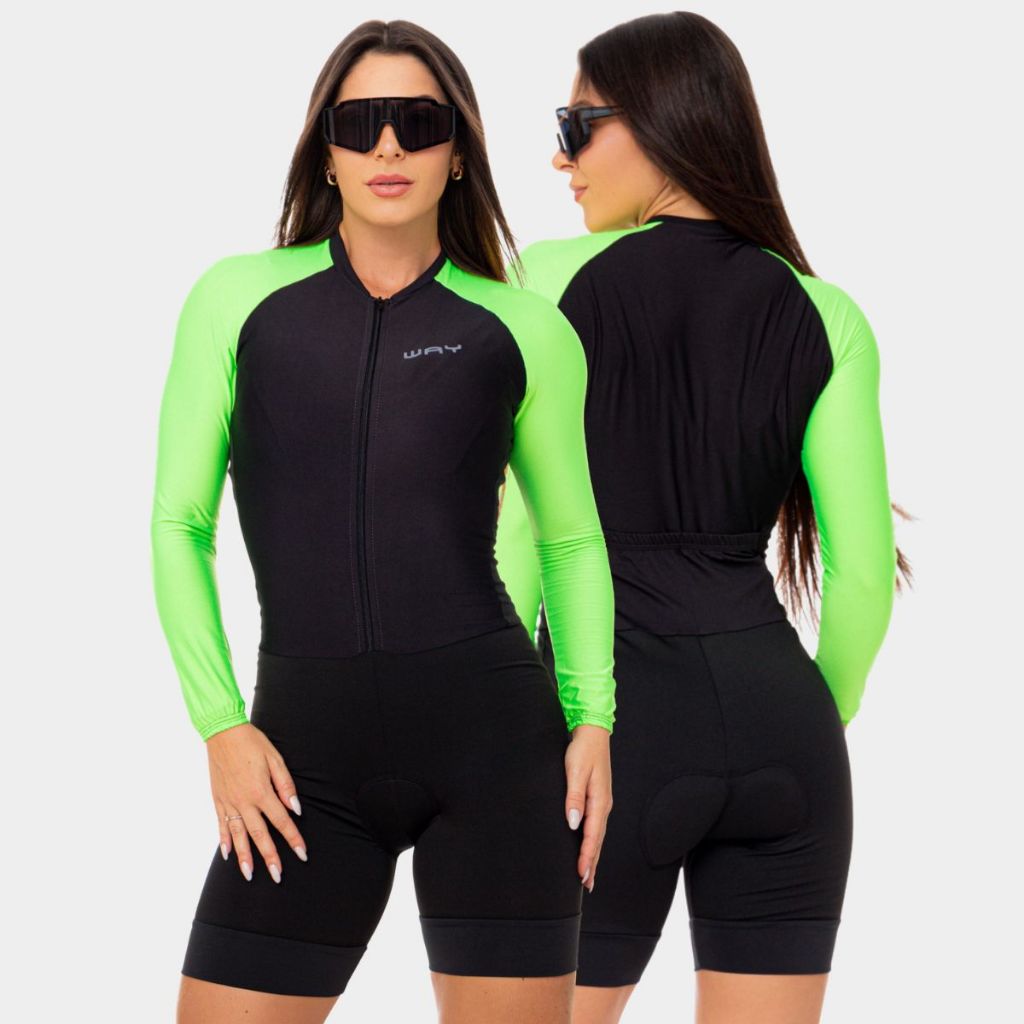 Macaquinho Ciclismo Feminino Manga Longa Preto com Verde Acolchoado Slim Macacao
