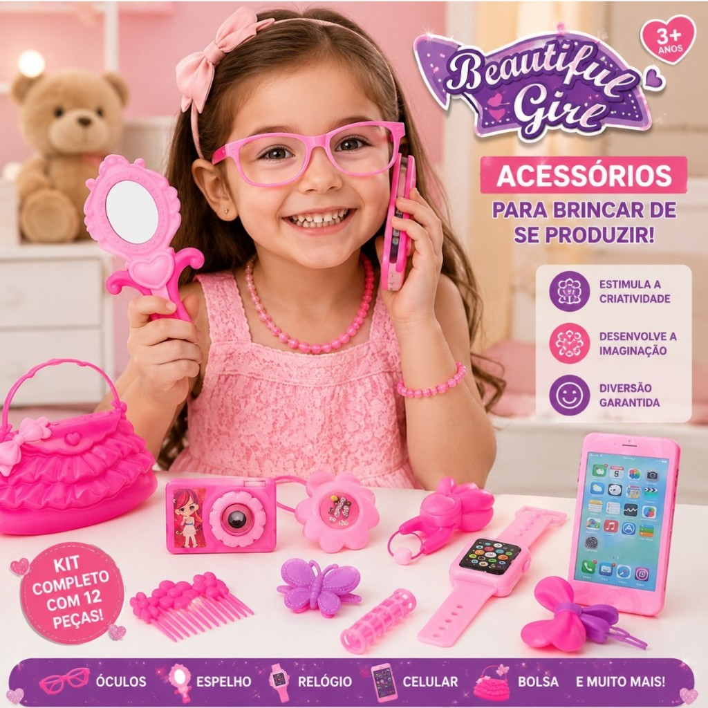 Brinquedo Menina | Kit Beleza Infantil | Acessórios da Moda | Mini Bolsa, Celular, Relógio, Espelho, Óculos e outros