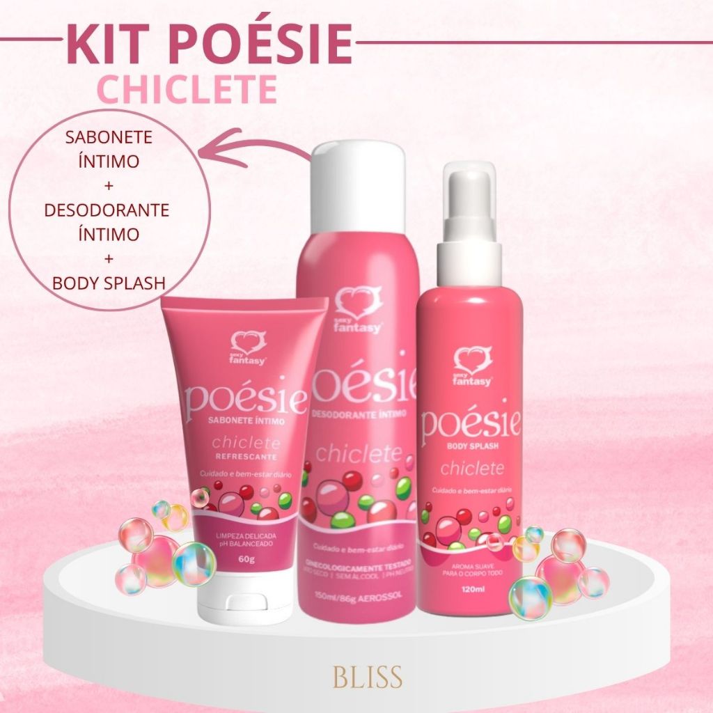 Kit Poésie Chiclete - Sabonete Íntimo Desodorante Íntimo Body Splash Perfume Higiene Limpeza Frescor