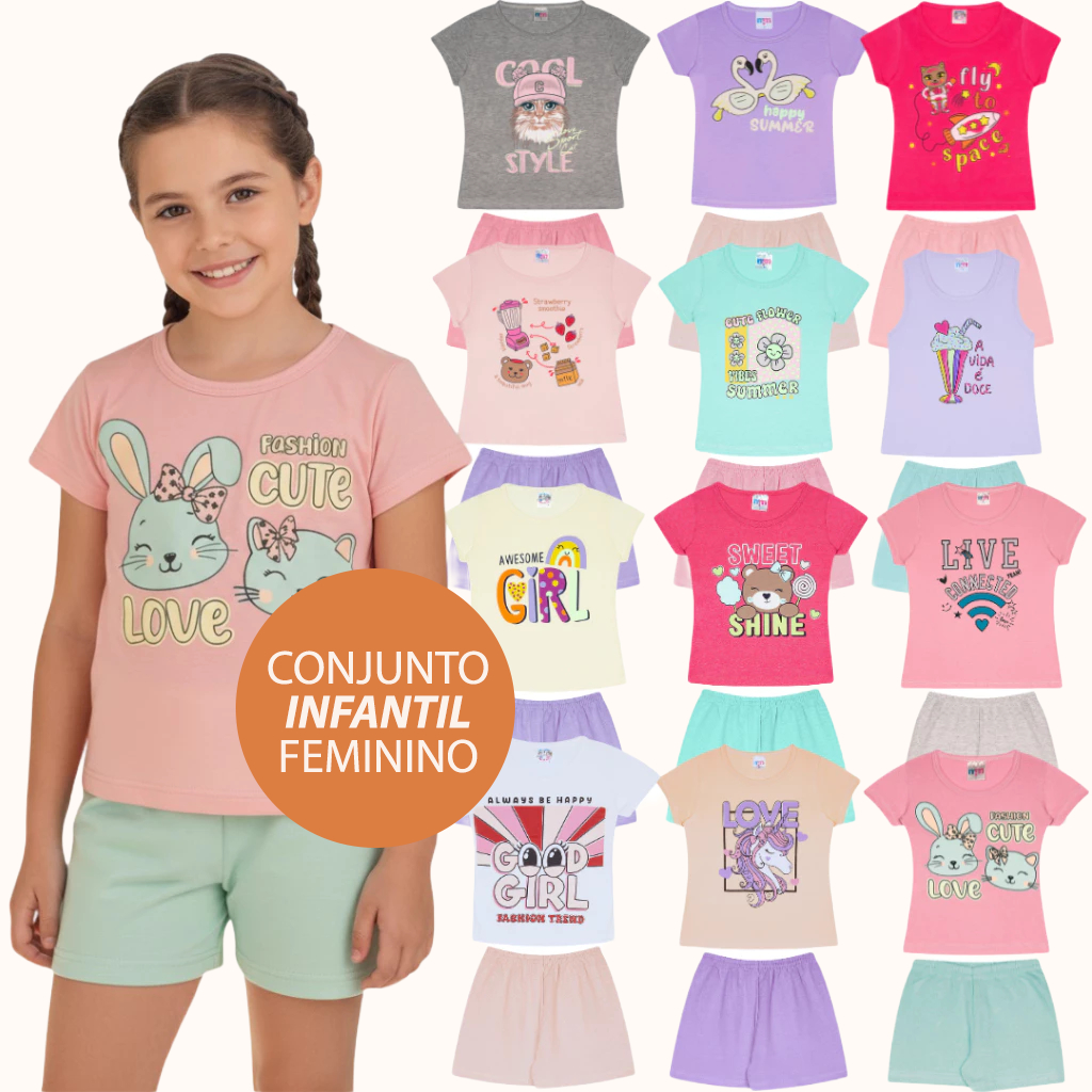 Conjunto Juvenil Feminina Infantil Algodão Confortável Verão