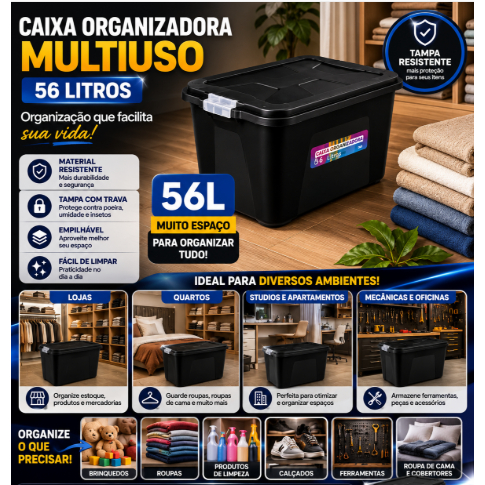 Caixa Organizadora Multiuso 56 Litros com Tampa Plástica Resistente Grande- Arqplast