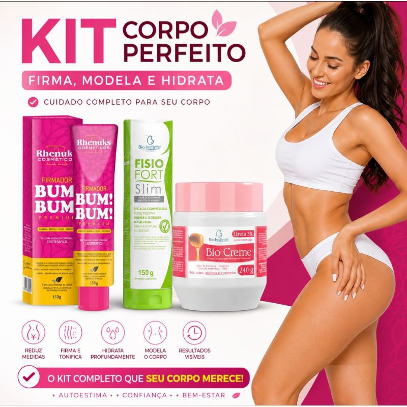 Kit Firmador Bum Bum Premium + Fisiofort Slim + Bio Creme Ureia 3% Hidratante Corporal, Firmador Redutor de Medidas