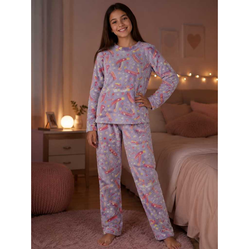 CONJUNTO PIJAMA INVERNO INFANTIL E JUVENIL MENINA, MANGA LONGA, QUENTINHO, MACIO E CONFORTÁVEL - FLEECE SOFT PELUCIADO