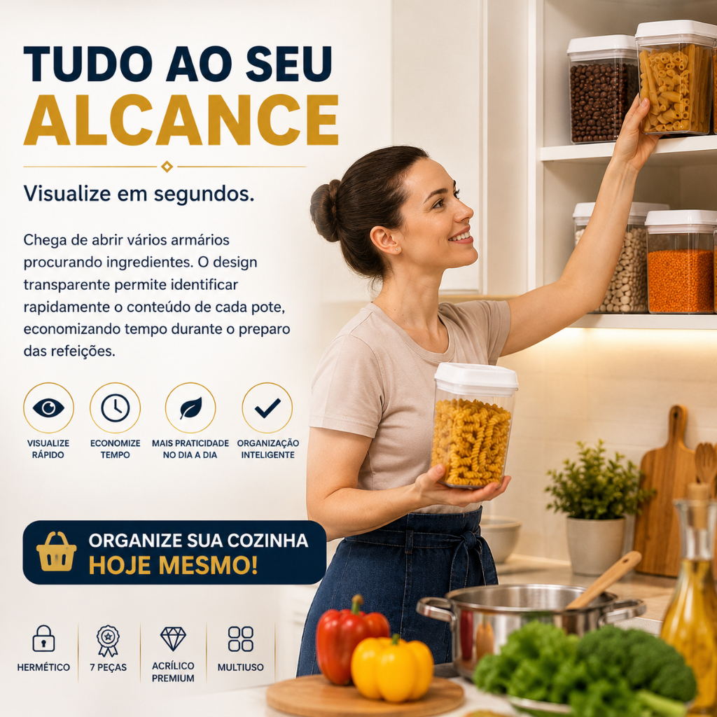 Kit 7 Potes Herméticos Acrílico Crystal Fresh™ Organizador Cozinha Mantimentos Vedação Hermética Multiuso Transparente