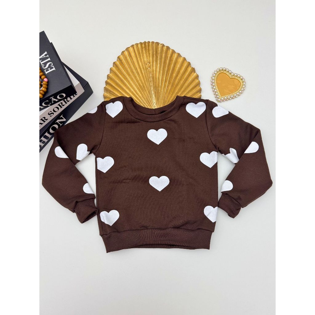 Blusa de Frio Moletom Infantil Flanelado Estampa Corações Moda Inferno