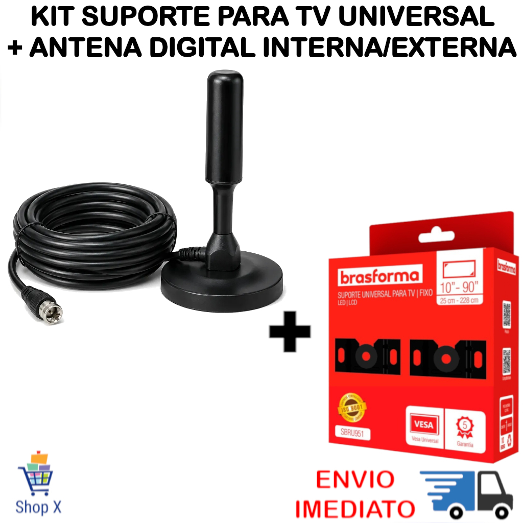 Suporte Para TV Universal Fixo e Antena TV Digital Interna Externa HDTV UHF VHF 3.5Dbi 4m Amp