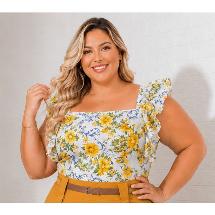 blusa plus size tamanho 50, blusa em crepe seda, blusa floral feminina, blusa com lastex nas costas, …