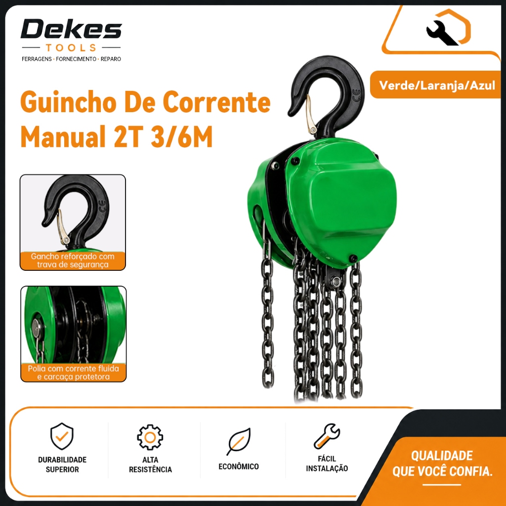 Dekes Talha Manual 2 Toneladas 6m Aço Carbono Reforçada com Freio de Segurança
