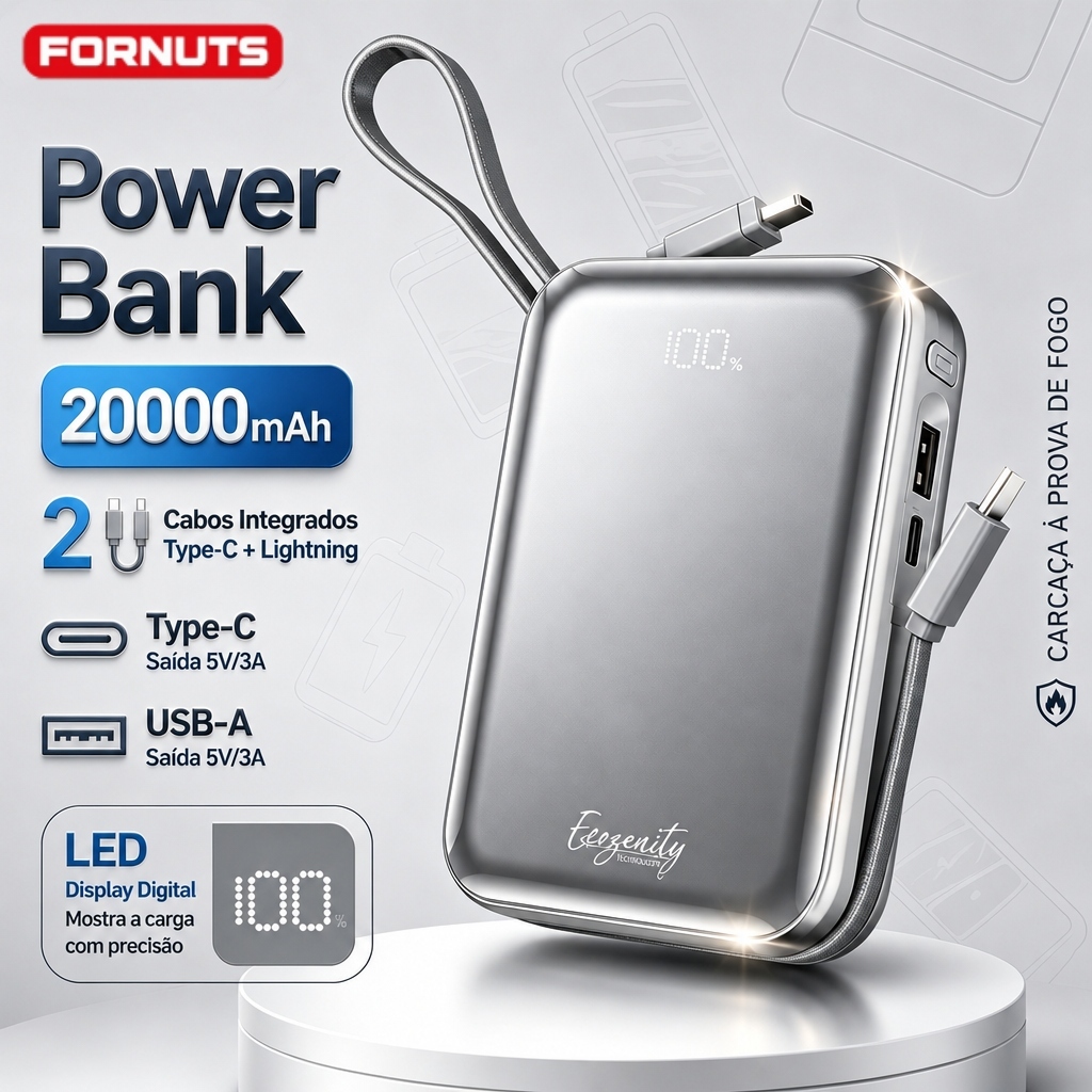FORNUTS Bateria Portátil 20000mAh Display LED Power Bank Turbo 45W Original Carregador De Celular Portátil