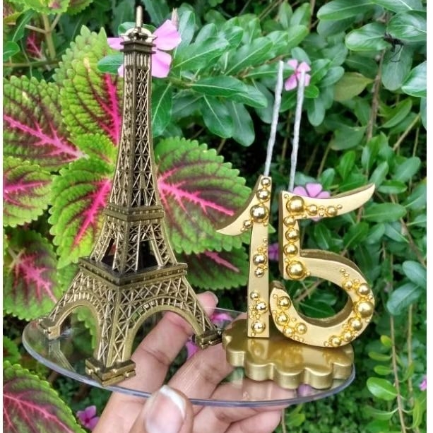 Topper torre Eiffel 15 anos vela prata dourada topo Páris prata dourado