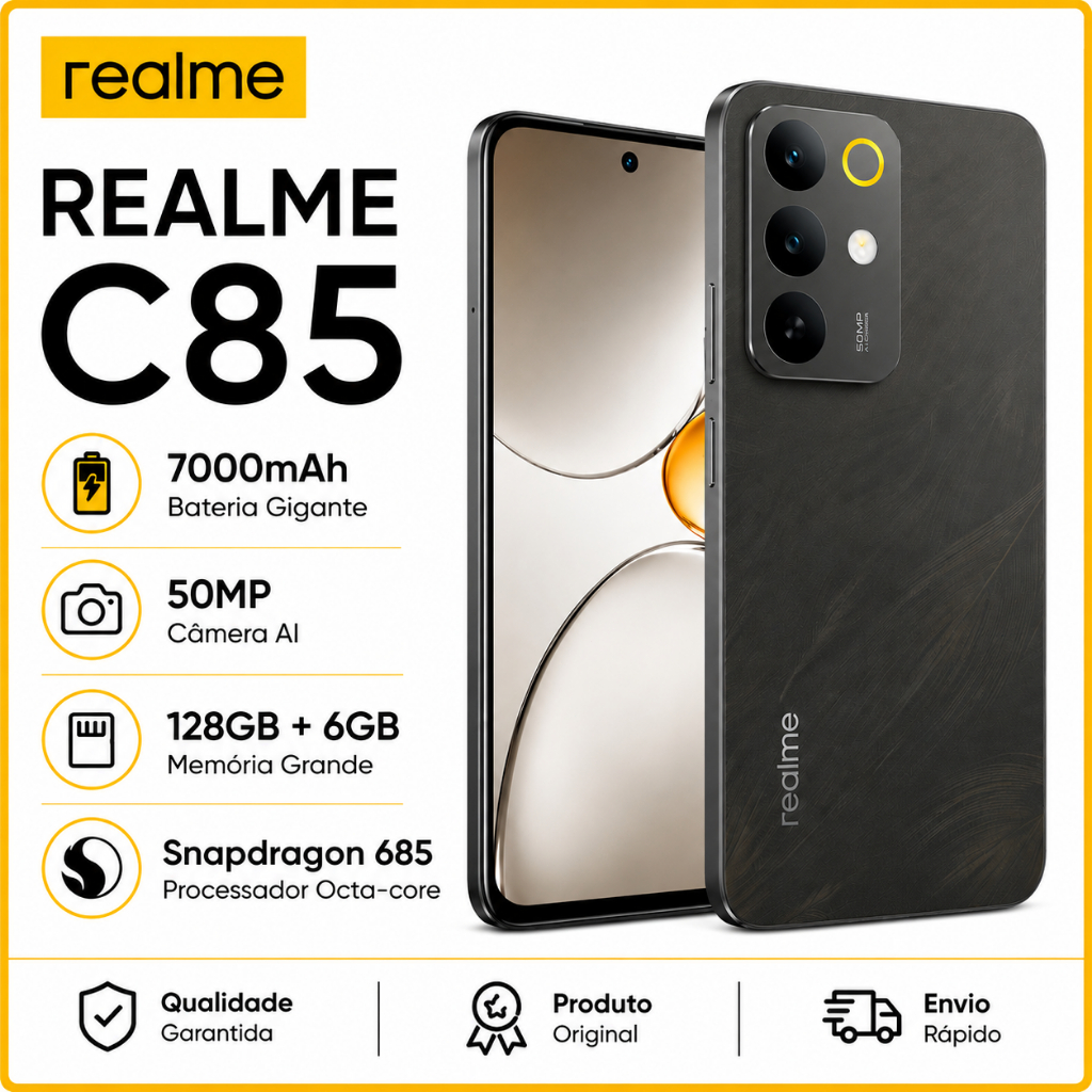 Realme C85 4G 128GB+6GB RAM NFC 50MP Dual SIM Bateria Grande Smartphone Desbloqueado Novo