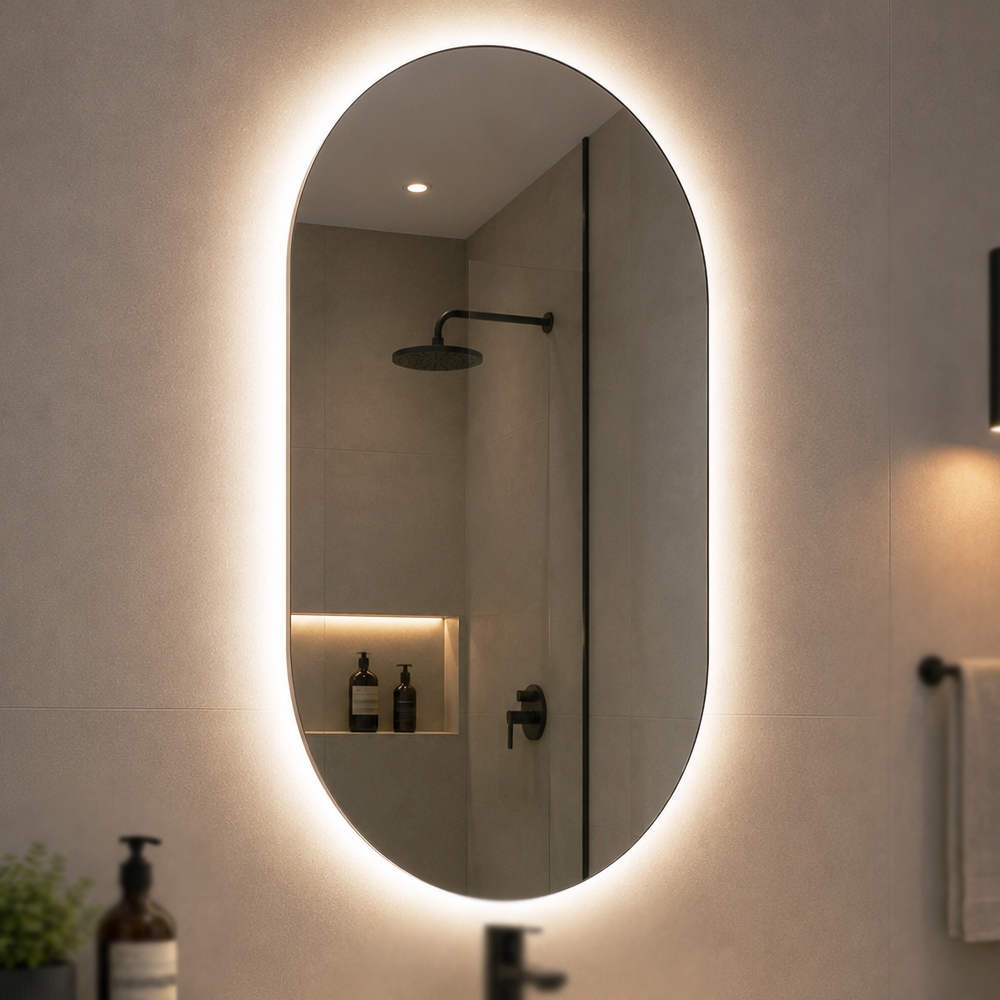 Espelho Grande De Parede Oval Com Led  Orgânico Banheiro Sala Quarto Luz Quente E Fria