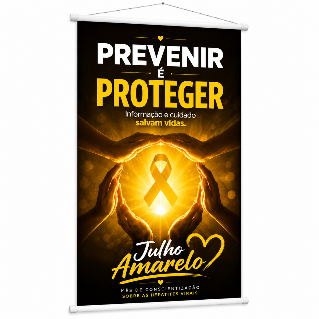 Banner Julho Amarelo Campanha Hepatites Virais Saúde produzido em lona. Cartaz Comercial Empresa Hospital Clínica Pub106
