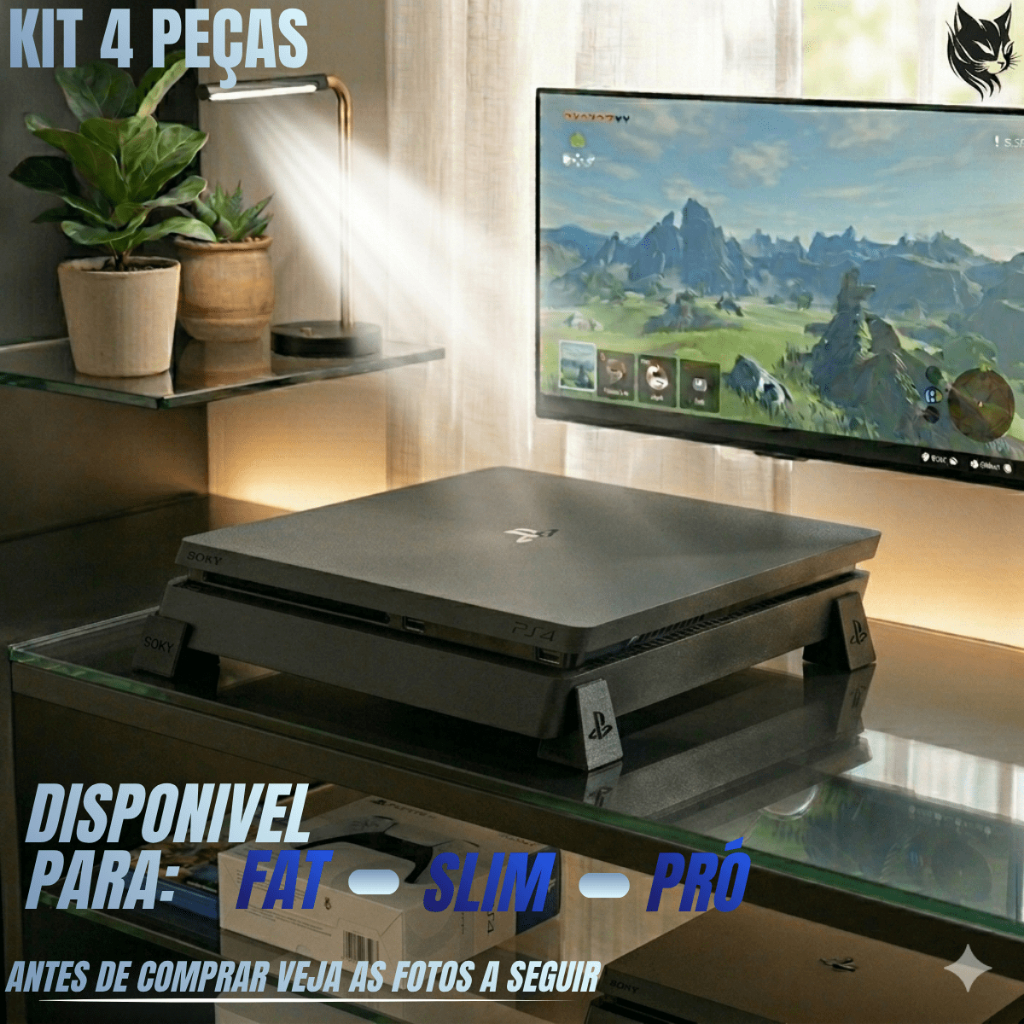 Suporte kit 4 Pezinhos para Ps4 Slim Fat Pro Apoio Base Elevação Horizontal Altura Melhora Ventilação Do Playstation