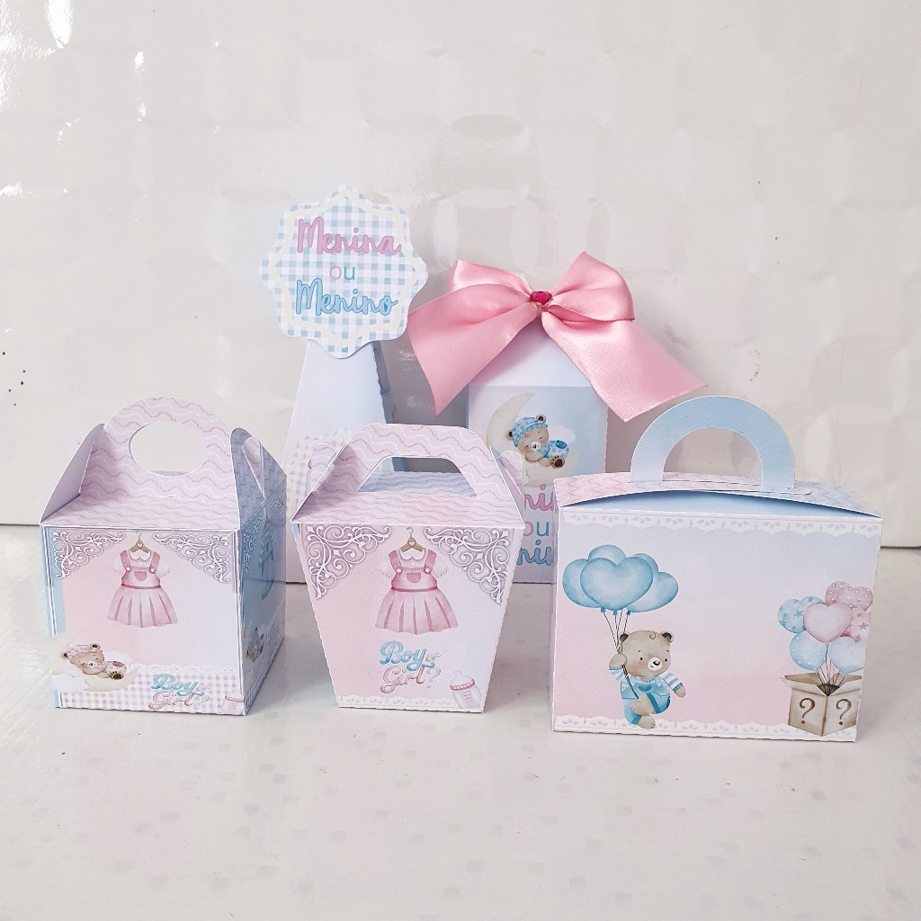 Kit Festa Chá Revelação Luxo Personalizado PEGUE E MONTE | Lembrancinhas em Caixinhas para Aniversário Infantil