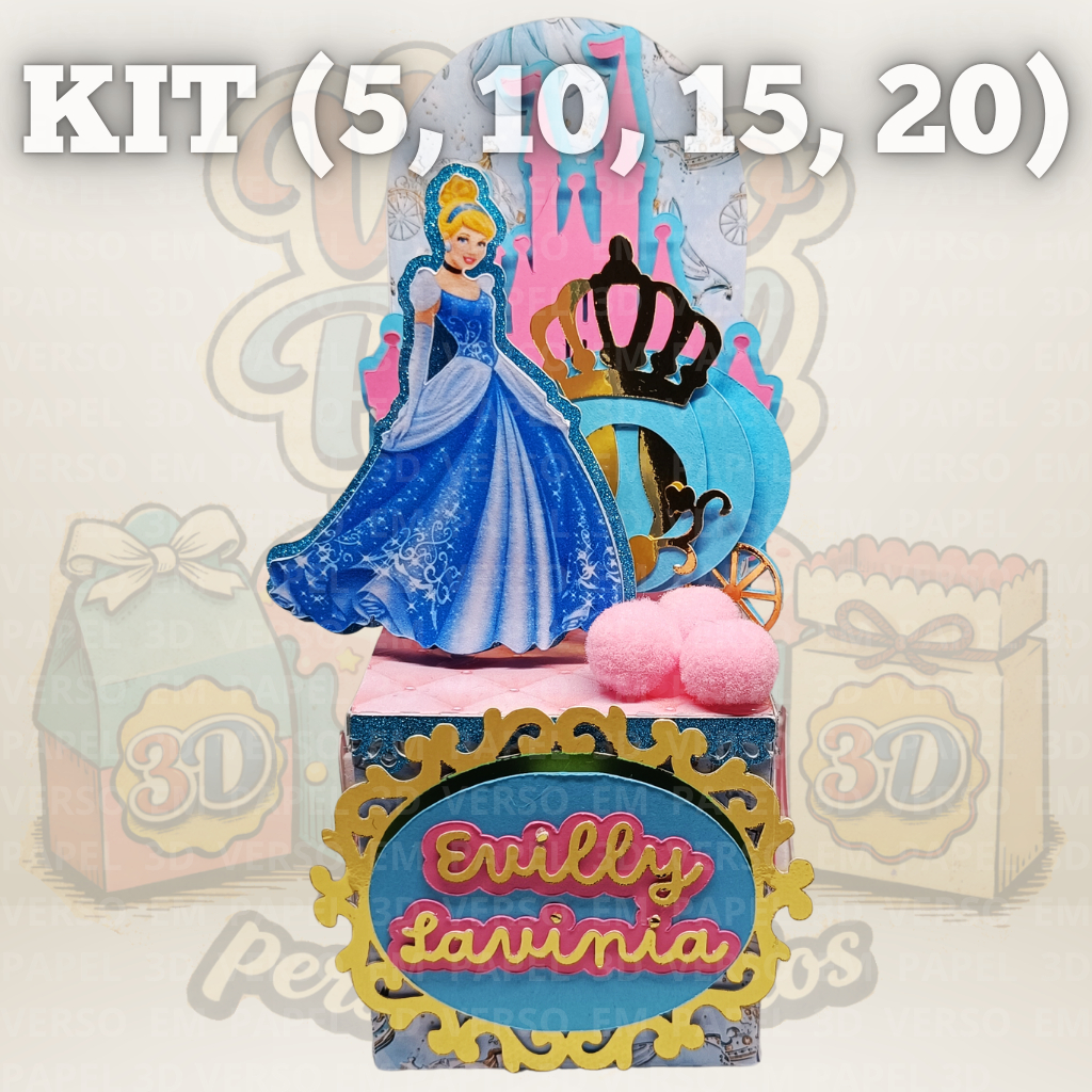 Kit (5, 10, 15 e 20) Caixa Cenário Princesa Cinderela Azul Rosa Personalizado Camadas Papel 3D Premium