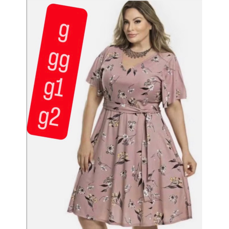 Vestido rodado Plus Size manga fler  com a faixa Estampado Suplex Digital  Veste g44,46,48,50