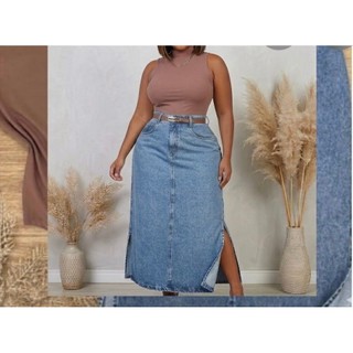 SAIA MIDI JEANS FEMININA PLUS SIZE COM FENDA MODA