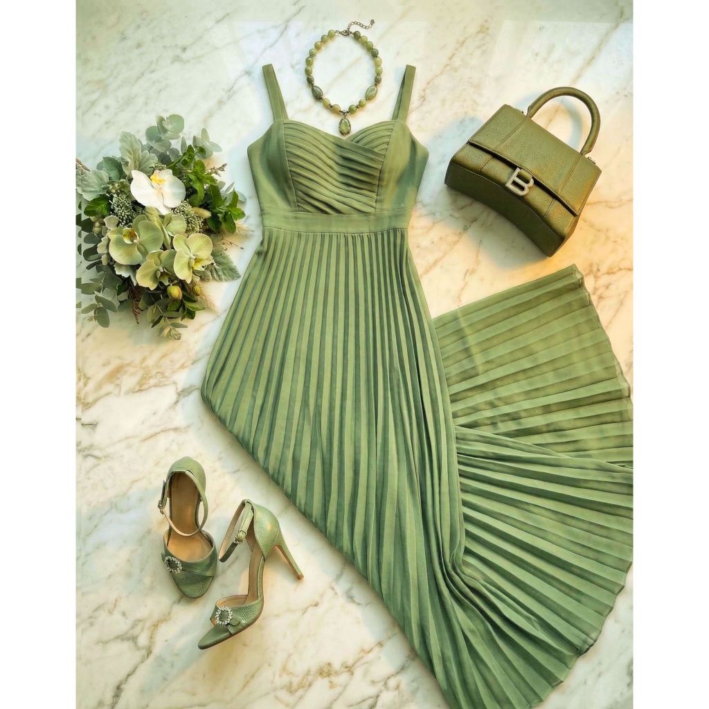 Vestido Longo Femenino de Alça Verao Tendencia Plissado Feminino Elegante Slim P M e G