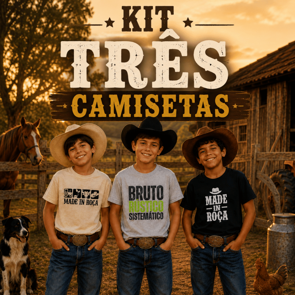 Kit 3 Camisetas Masculinas Infantil 100% Algodão Estampada em DTF Confortável Country Estilo Rodeio Cowboy