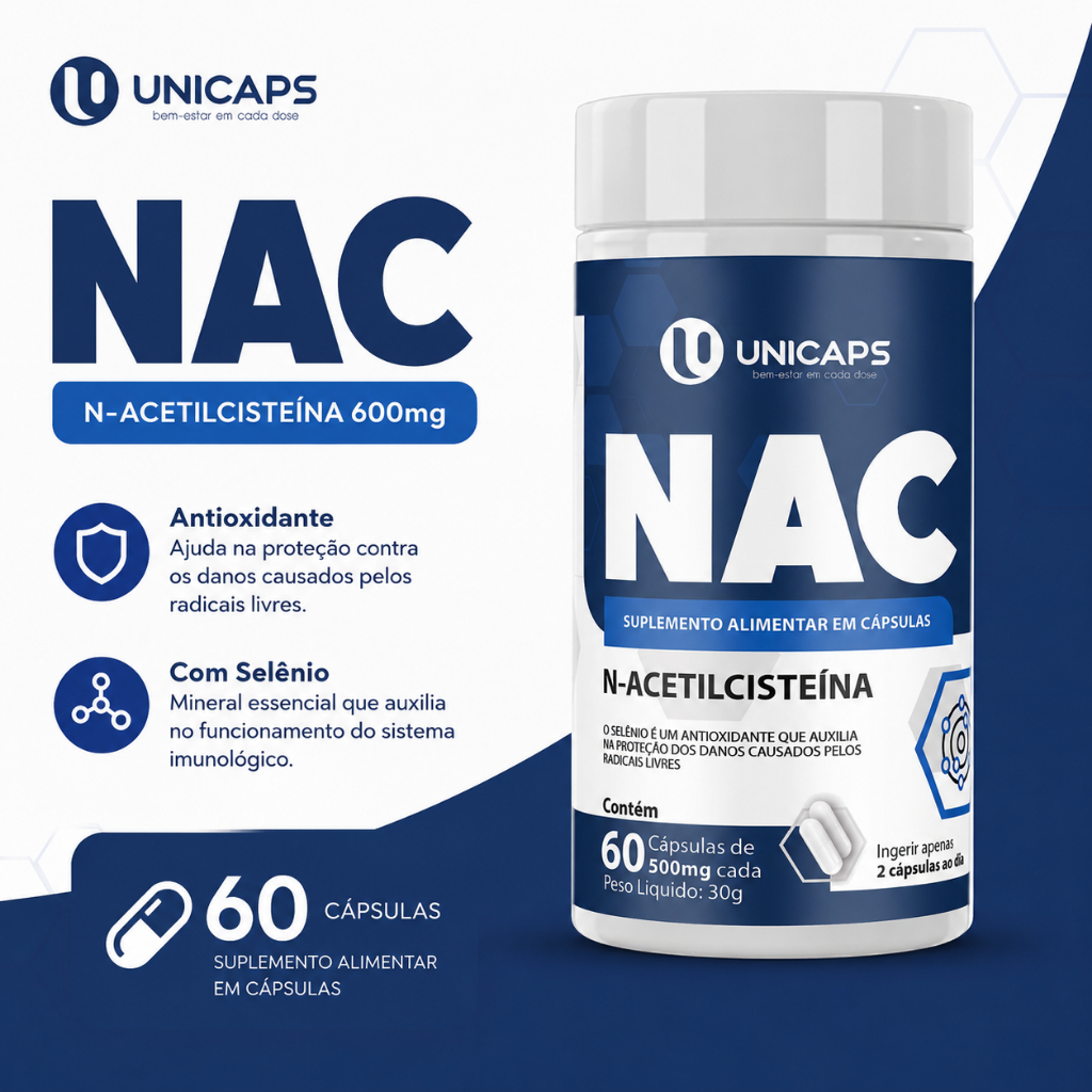 NAC 600mg N-Acetilcisteína Precussor Glutationa Imunidade Antioxidante Saúde Fígado 60 Caps Unicaps