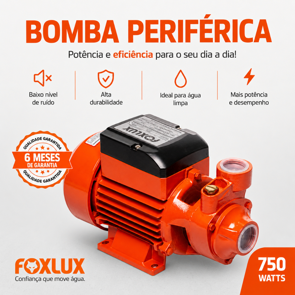 Bomba Caixa D'água 750W Bomba de Água Periférica Motobomba Periférica Bivolt Bomba 1Cv Foxlux