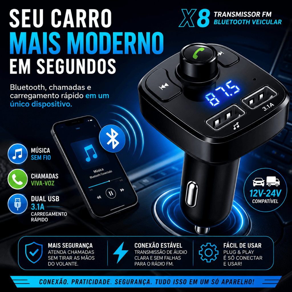 Transmissor FM Bluetooth Veicular X8 – Carregador USB e Som Automotivo