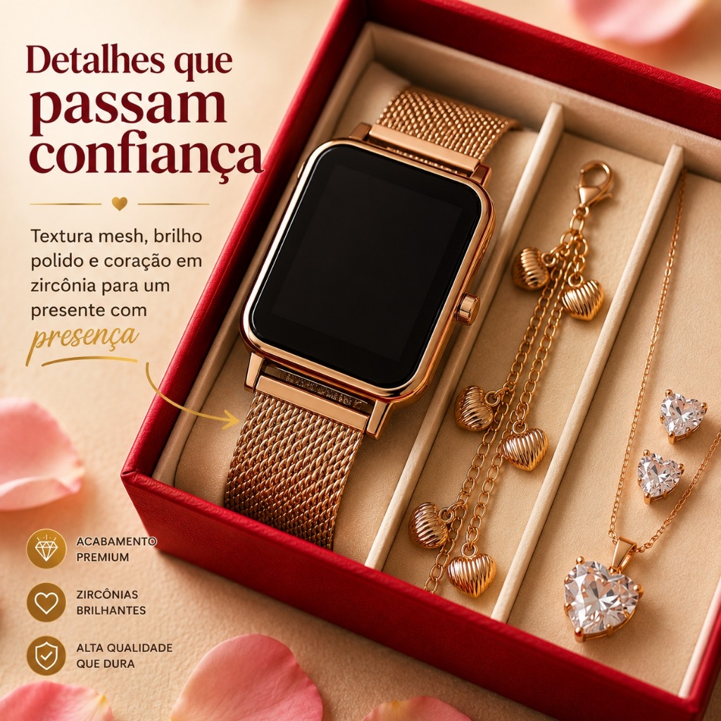 Relógio Feminino Digital de Led + Colar Brincos Folheado Ouro + Pulseira Feminina com Caixa - Presente dia dos namorados