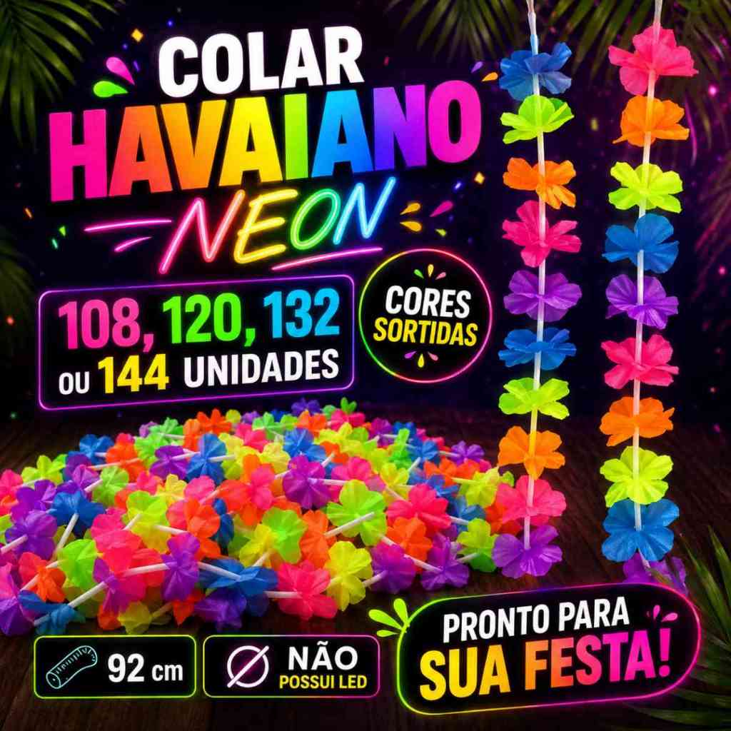 Kit Colares Havaianos Neon UV 92cm 108 120 132 144 Un Festa Luau Carnaval Balada Formatura