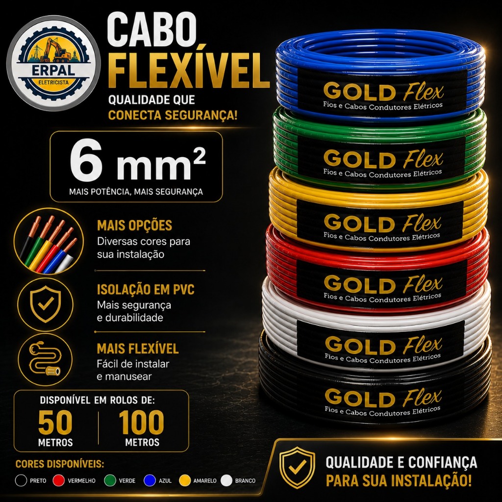 Fio Elétrico 6mm Cabo Flexível 6mm Rolo 50mt e 100mts 750v Gold Premium