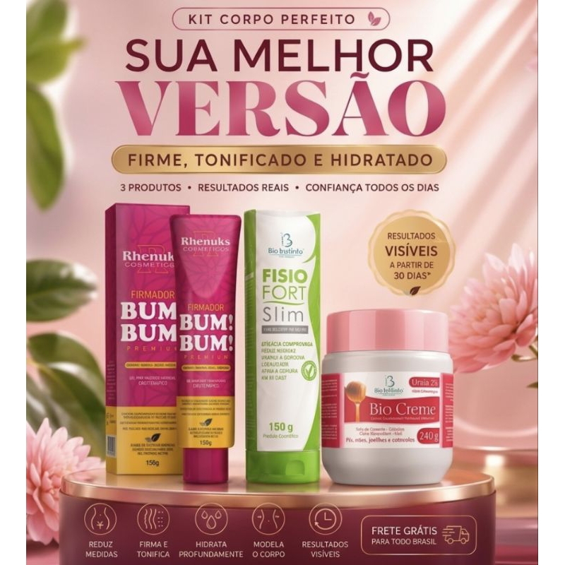 Kit Bum Bum Premium + Fisio Fort Slim + Bio Creme Ureia 3% Creme Redutor de Medidas Firmador Hidratante Corporal